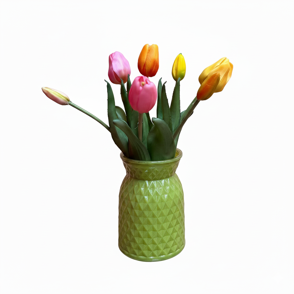 Aanbieding tulpen bundel in vaas roze oranje geel